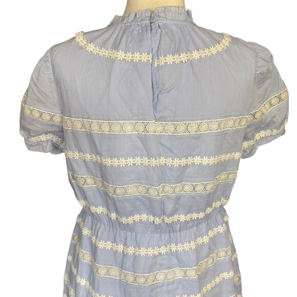 J Crew Dress Womens 6 Sky Blue White Cotton Puff Sleeve Daisy Chain Flounce Hem - Picture 5 of 14